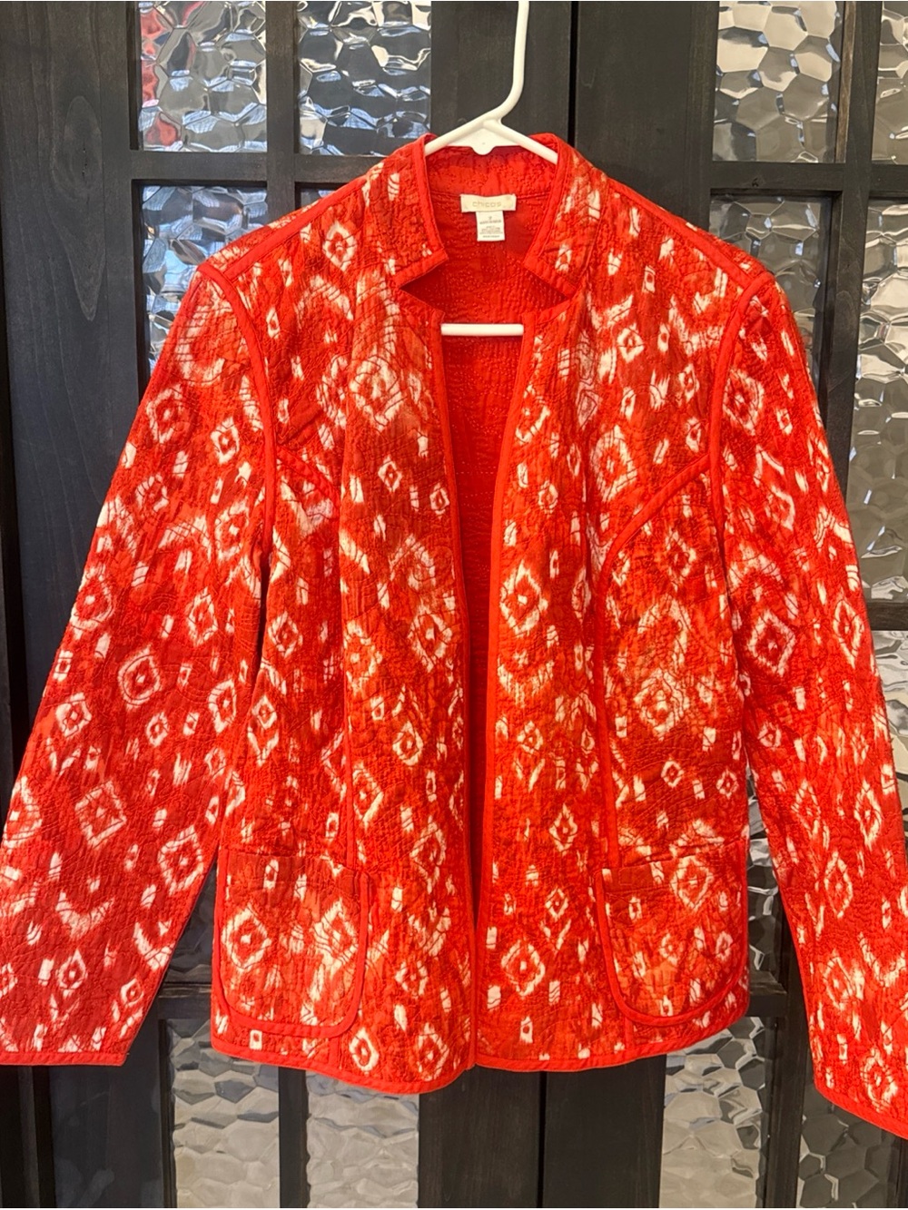 Chico's Red Quilted reversible lightweight Jacket red orange white ikat large 2
